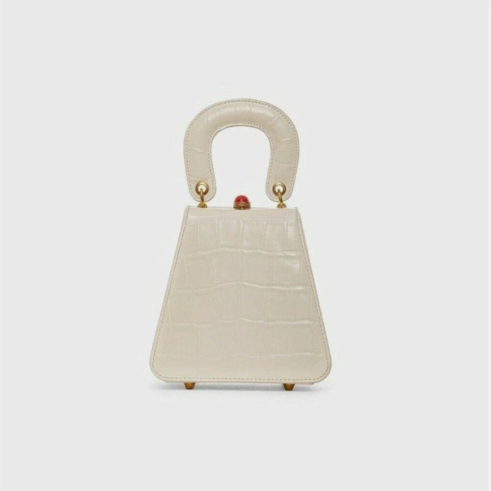 STAUD Kenny Croc-Embossed Leather Top Handle Bag in Cream